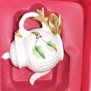 Belleek hand-painted holly and berries miniature Christmas teapot orname…